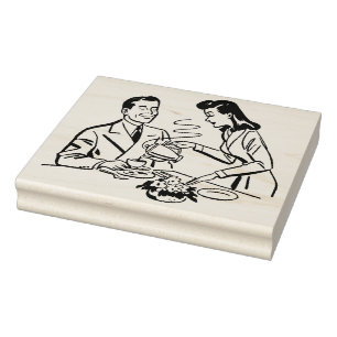 Mum Pouring Dad's Coffee Retro Art Stamp