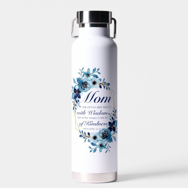 Mum - Proverbs 31:26 Mother's Day Scripture Floral Water Bottle (Front)