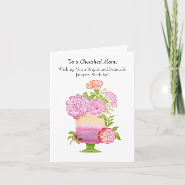 Mum Purple Carnations on January Birthday Cake Card (Front)