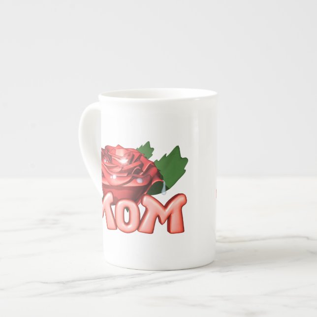 Mum & Red Rose with Dewdrops Bone China Mug (Front Left)