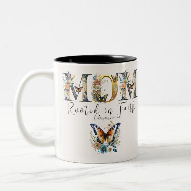 Mum rooted in faith floral butterfies Two-Tone coffee mug (Left)