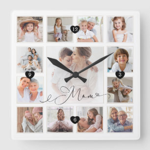 Mum Script Family Memory Photo Grid Collage Square Wall Clock