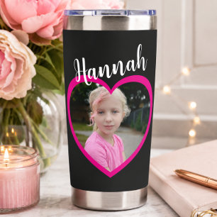 Mum Script Pink Heart Child Name Photo Black Insulated Tumbler