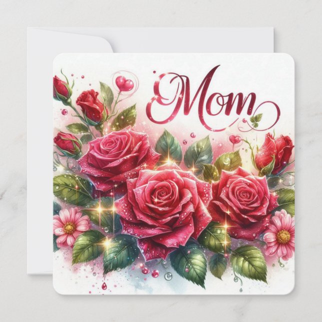 Mum Sparkling Red Roses Holiday Card (Front)