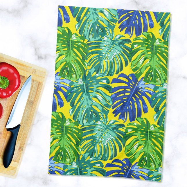 Mum Summer Tropical Leaves Green Yellow Tea Towel (Mockup of full kitchen towel on marble countertop)