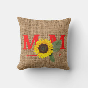 Mum Sunflower burlap print Throw Pillow