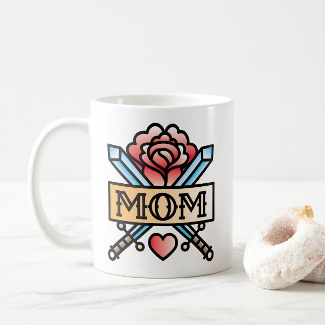 Mum Tattoo Style Rose Coffee Mug (With Donut)