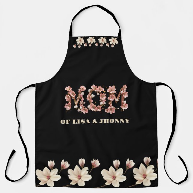  Mum Text with blossoms and Kid Names Apron (Front)