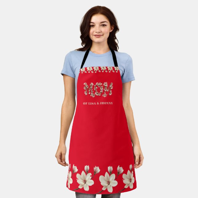  Mum Text with blossoms and Kid Names Red  Apron (Worn)
