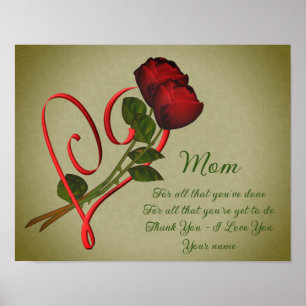 Mum Thank You Love Red Roses Heart Personalised Poster