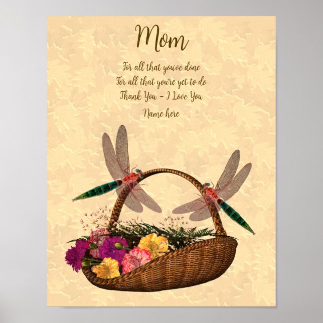 Mum Thank You Love You Dragonflies Flower Basket Poster (Front)