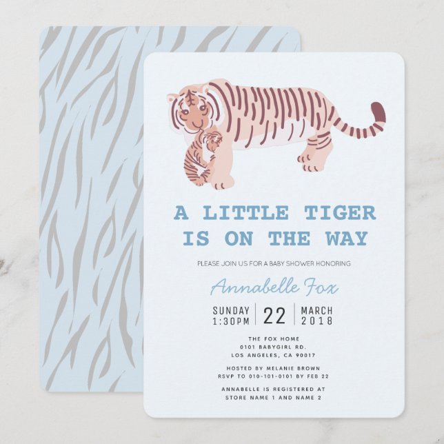 Mum Tiger Carry Cub Blue Baby Shower Invitation (Front/Back)