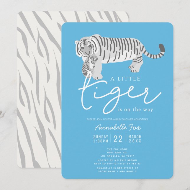 Mum Tiger & Cub Blue Baby Shower Invitation (Front/Back)