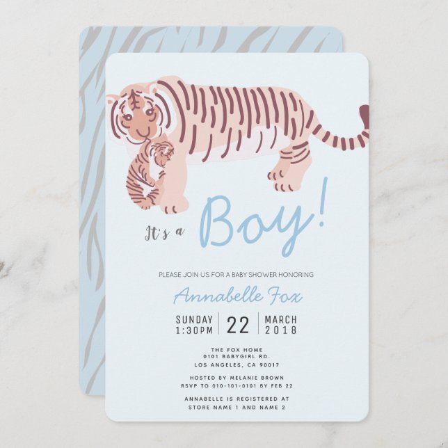 Mum Tiger & Cub Blue Boy Baby Shower Invitation (Front/Back)