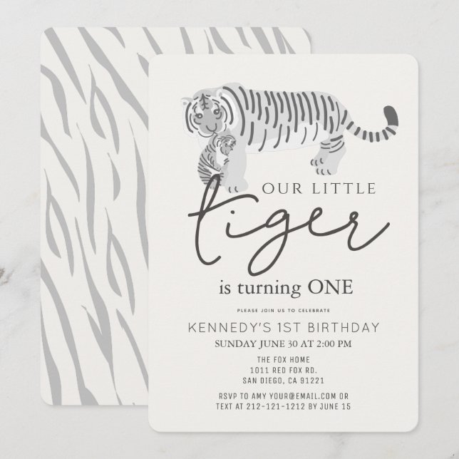 Mum Tiger & Cub Modern Cream 1st Birthday Invitation (Front/Back)