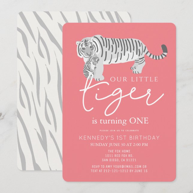 Mum Tiger & Cub Modern Pink 1st Birthday Invitation (Front/Back)
