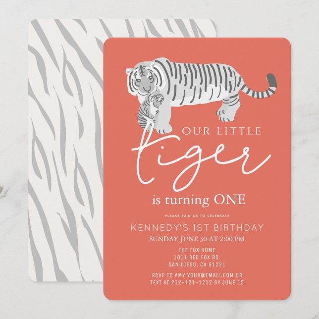 Mum Tiger & Cub Modern Red 1st Birthday Invitation (Front/Back)