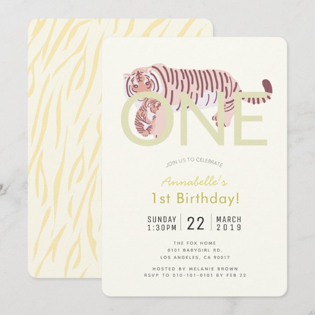Mum Tiger & Cub Yellow 1st Birthday Invitation (Front/Back)