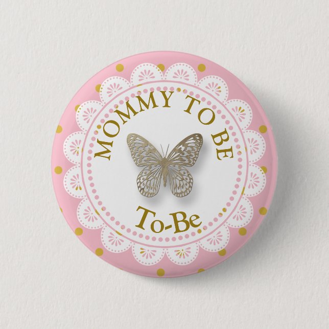 Mum To Be Baby Shower Pink & Gold Butterfly Button (Front)