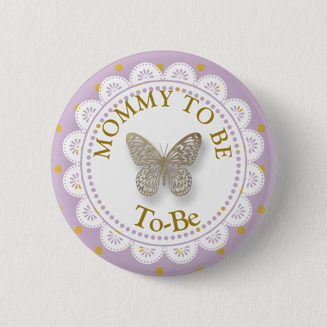 Mum To Be Baby Shower Purple & Gold Butterfly 6 Cm Round Badge (Front)