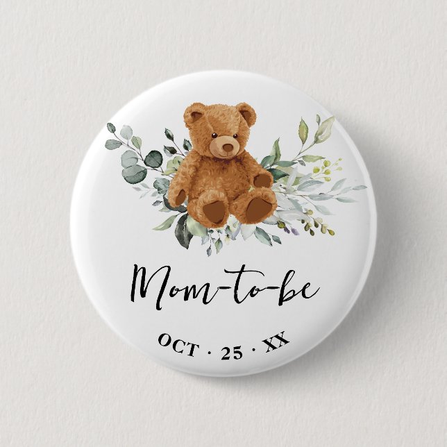 Mum to Be Bear Greenery Baby Shower Button (Front)