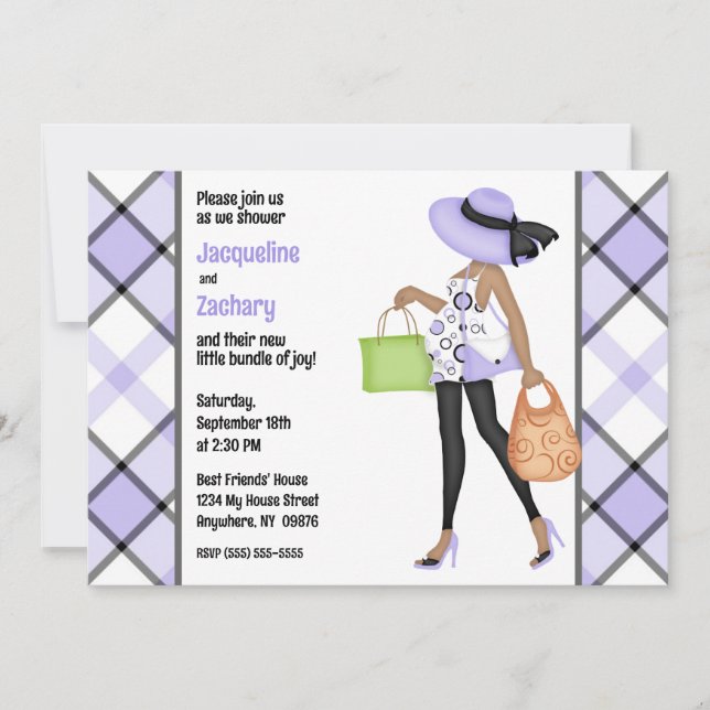 Mum-to-Be (dark skin) Purple Plaid Baby Shower Invitation (Front)