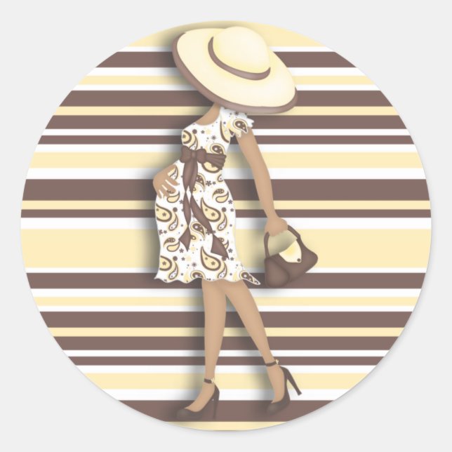 Mum to Be (dark skin) Yellow & Brown Striped Classic Round Sticker (Front)