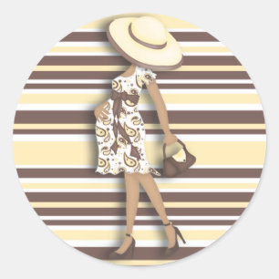 Mum to Be (dark skin) Yellow & Brown Striped Classic Round Sticker