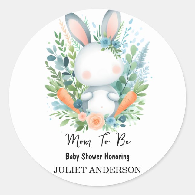 Mum to be Ear Hop Blue Pink Bunny Baby Shower Classic Round Sticker (Front)