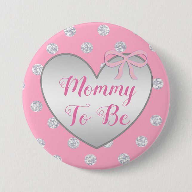 Mum to be Pink and Silver Bow Baby Shower Button (Front)