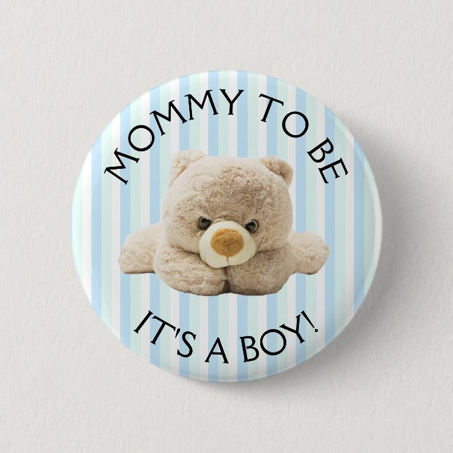 Mum to be "Teddy Bear" Blue Baby Shower Button (Front)