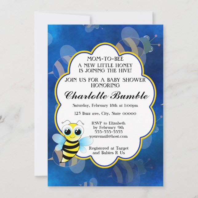 Mum To Bee Blue & Yellow Unisex Baby Shower Invitation (Front)