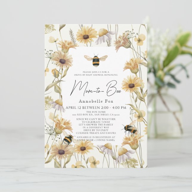 Mum to Bee Chamomile Daisies Drive-by Baby Shower Invitation (Standing Front)