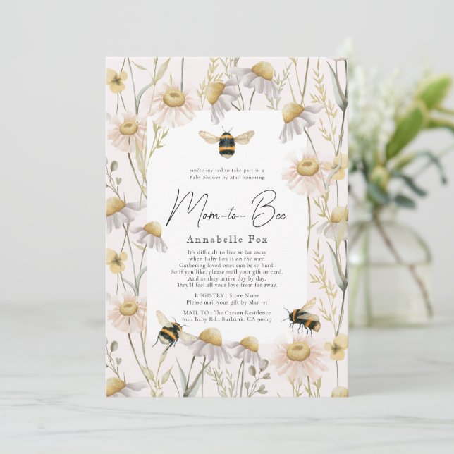Mum to Bee Chamomile Pink Baby Shower by Mail Invitation (Standing Front)