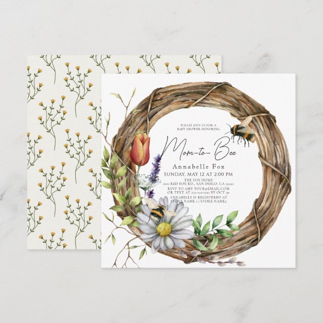 Mum to Bee Floral Vine Wreath Baby Shower Invitation (Front/Back)