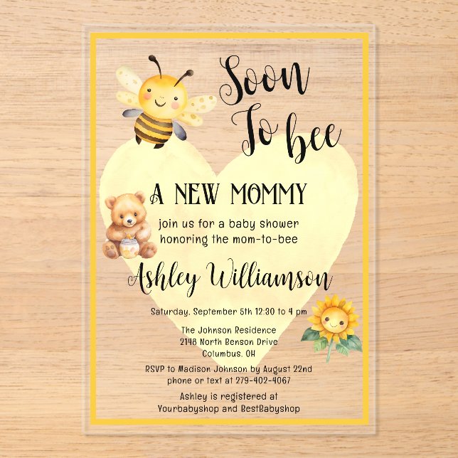 Mum-to-Bee Honey Bear Baby Girl Shower Acrylic  Acrylic Invitations (Front)