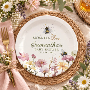 Mum to Bee Wildflower Pink & Green Baby Shower Paper Plate