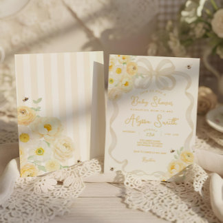 Mum to Bee Yellow Stripes and Floral Baby Shower Invitation