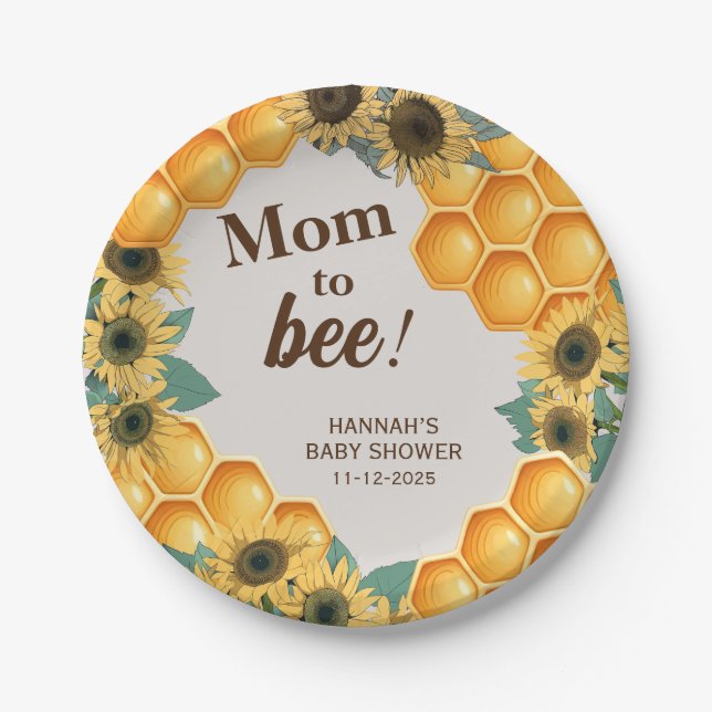 Mum to Bee Yellow Sunflower Baby Shower Paper Plate (Front)