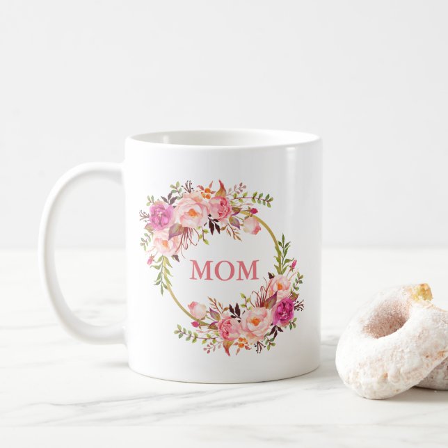 Mum Watercolor Floral Pink Gold Circle Coffee Mug (With Donut)