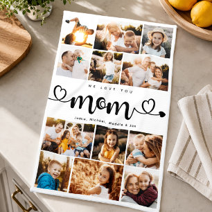 Mum We Love you Hearts Modern Photo Collage Tea Towel