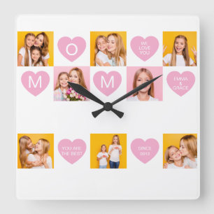 Mum We Love You Kids Names 8 Photo Collage Heart Square Wall Clock