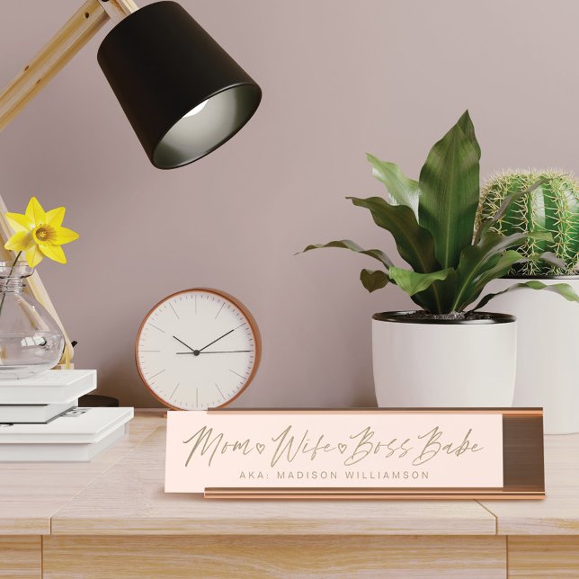 Mum, Wife, Boss Babe Trendy Brush Script Pink Desk Name Plate (Creator Uploaded)