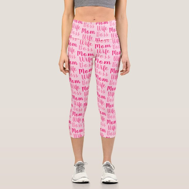 Mum wife boss light pink custom script pattern  capri leggings (Front)