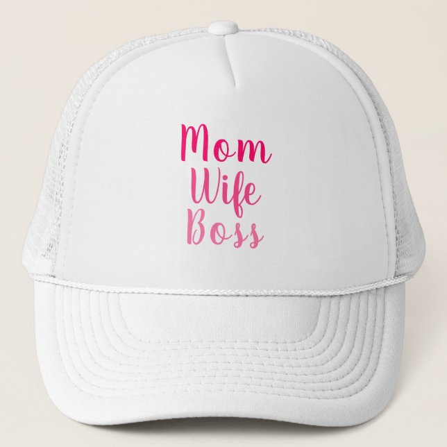 Mum wife boss pink custom script text cute modern trucker hat (Front)