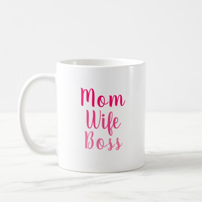 Mum wife boss pink white custom script stylish coffee mug (Left)