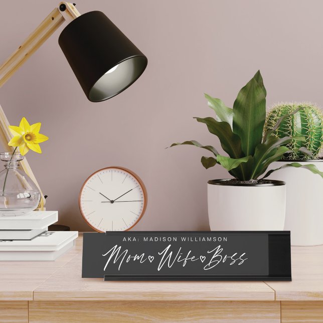 Mum, Wife, Boss Trendy Brush Script Black Desk Desk Name Plate (Creator Uploaded)