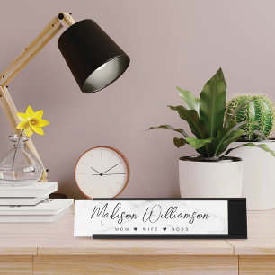 Mum, Wife, Boss Trendy Brush Script Faux Marble Desk Name Plate