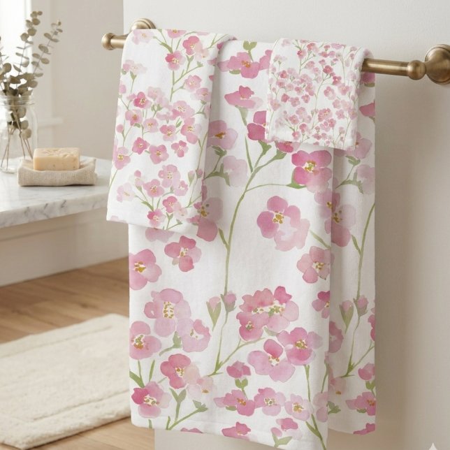Mum Wildflower Botanical Birthday Gift Bath Towel Set (Cozy pink wildflower towel set for mom, a lovely birthday gift idea for her)