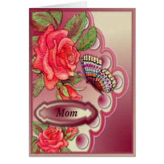 Mum with red roses and butterfly on cream and pink